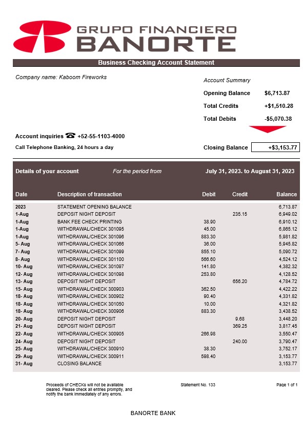 Modèle Word et PDF de déclaration d'entreprise de Banorte Bank